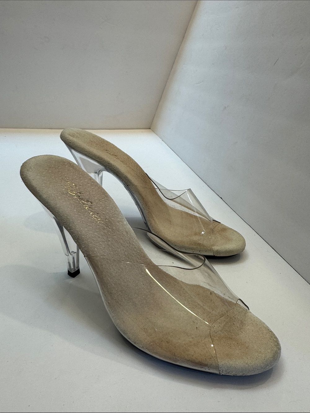 Clear-Strap Beige Mule Heels for Women